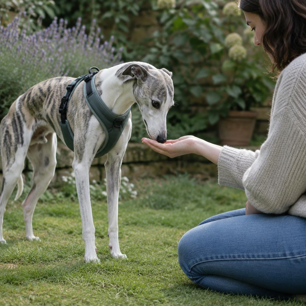 Shy whippet in a soft harness taking a treat from an open palm