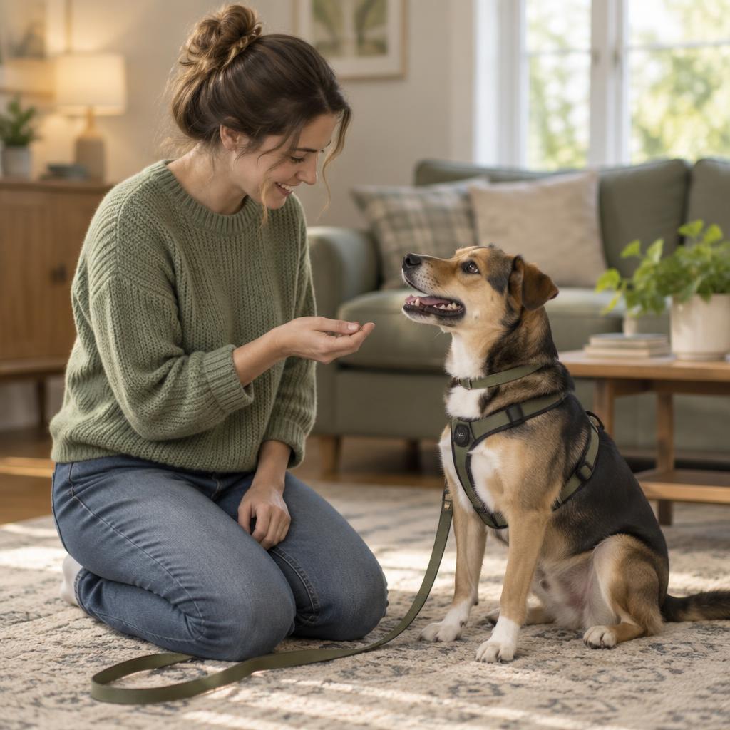 Handler kneeling in a sunlit living room offering a treat to a calm dog wearing a harness and flat collar