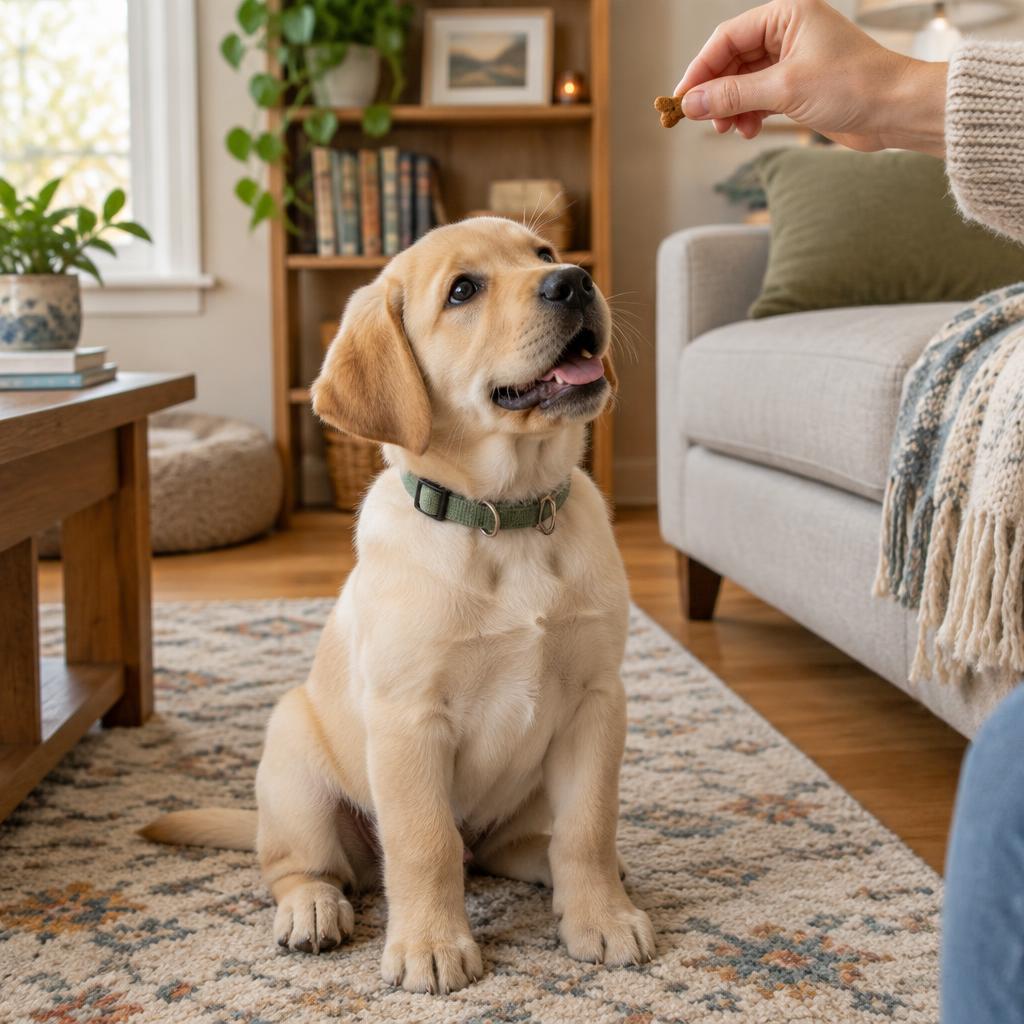 Labrador puppy in a flat collar looking up at a treat