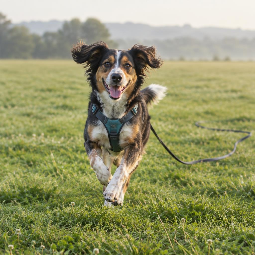 Happy dog running across a field in a harness with a trailing long line