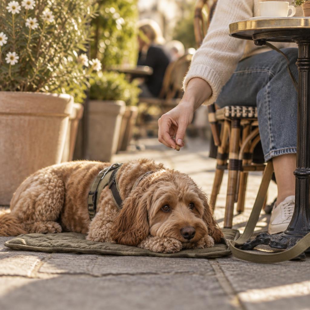 Dog settling calmly on a mat beside an outdoor café table while a treat is offered