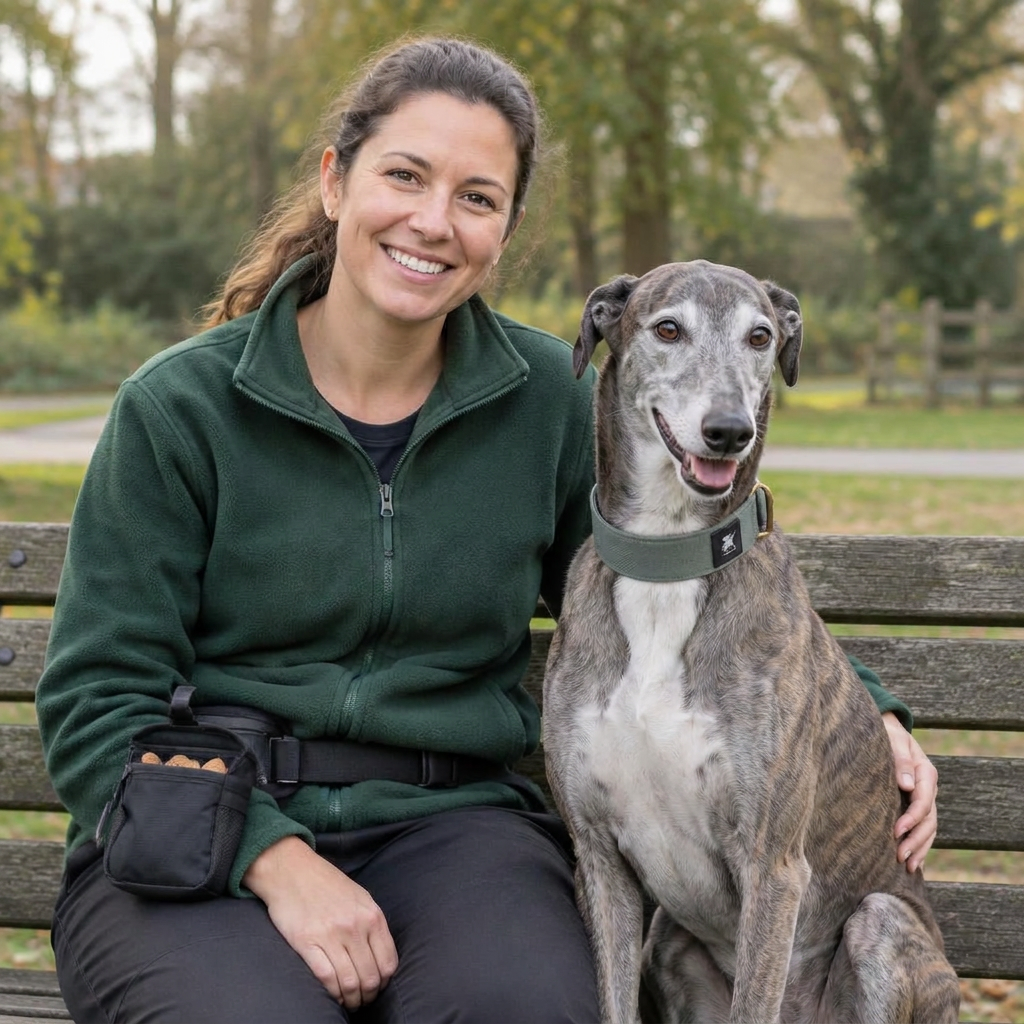 Smiling dog trainer sitting beside a relaxed greyhound