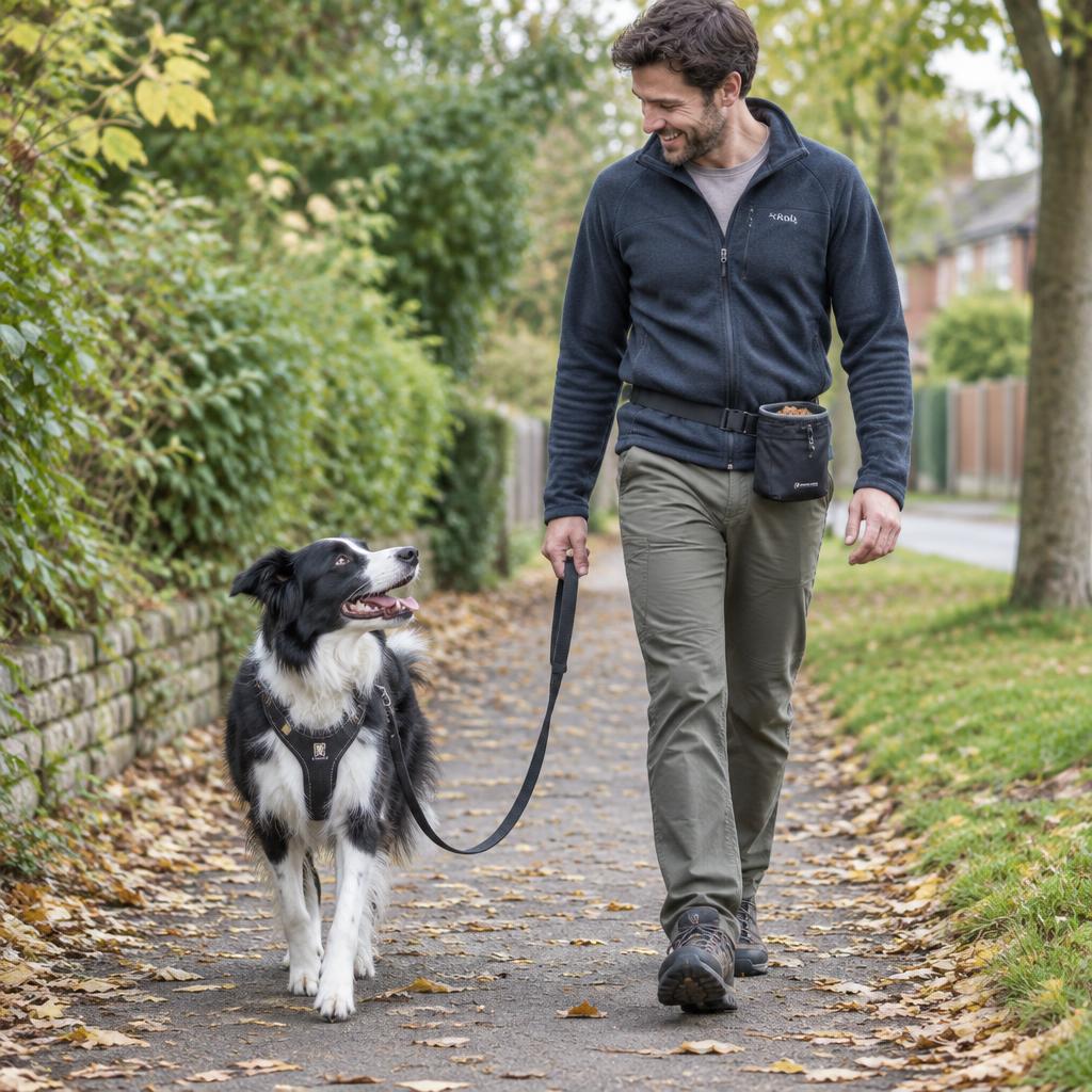Border collie in a harness walking on a loose lead beside a smiling handler